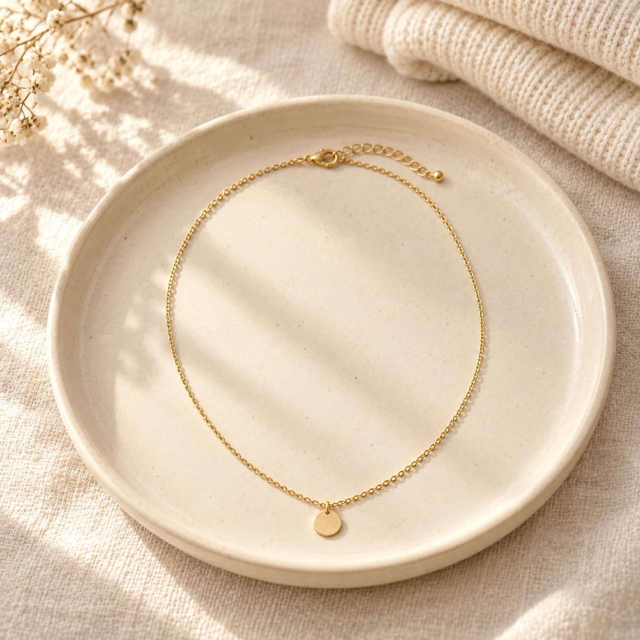 A gold disc necklace on a ceramic tray beside folded linen